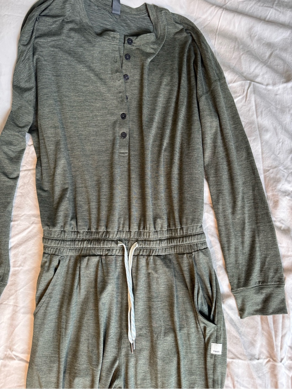 Vuori Lux Heather Jumpsuit - Olive Green Long-Sleeve Jumpsuit with Drawstring